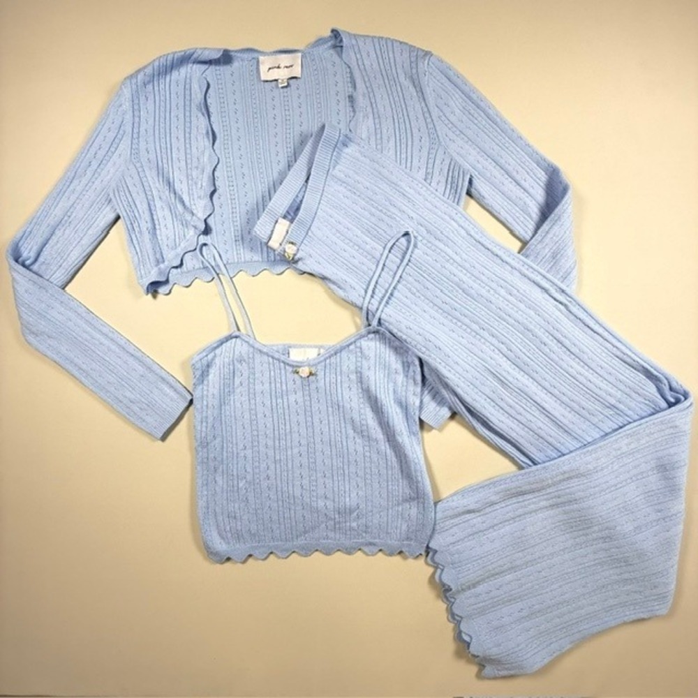 Pink Rose Blue Pointelle Knit 3 Piece Set Cardigan Crop Cami Flare Pants Medium